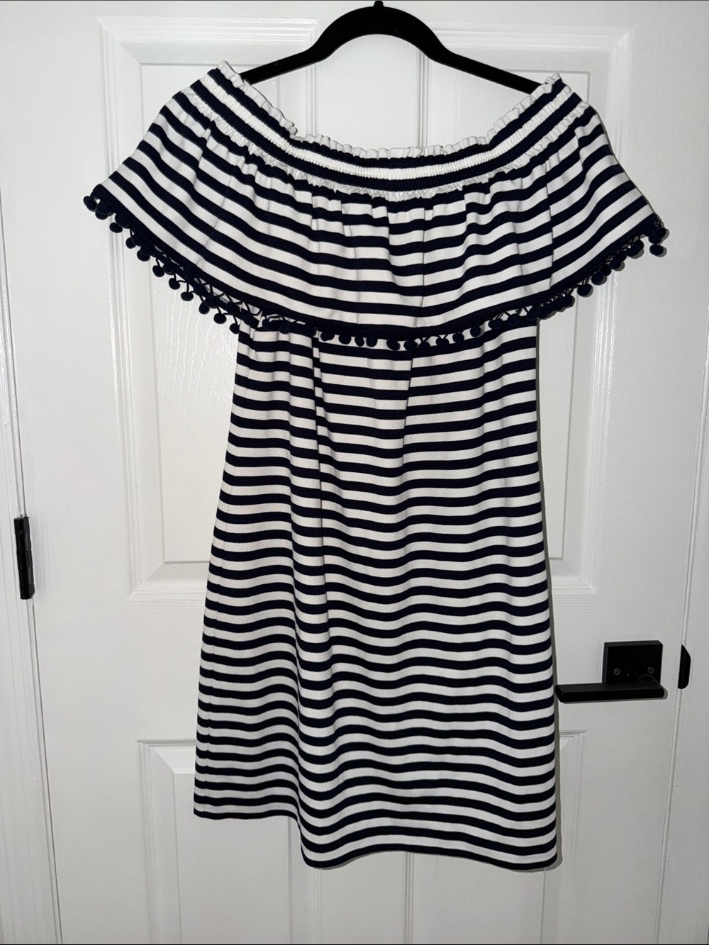Off-Shoulder Navy and White Striped Midi Dress with Pom-Pom Trim